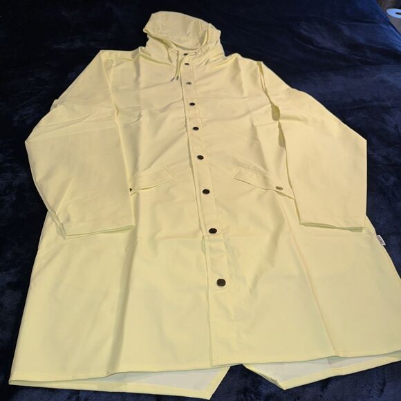 Rains Jacket Long Large Unisex Rain Jacket Yellow Classic Snap Close Men & Women - Picture 1 of 6